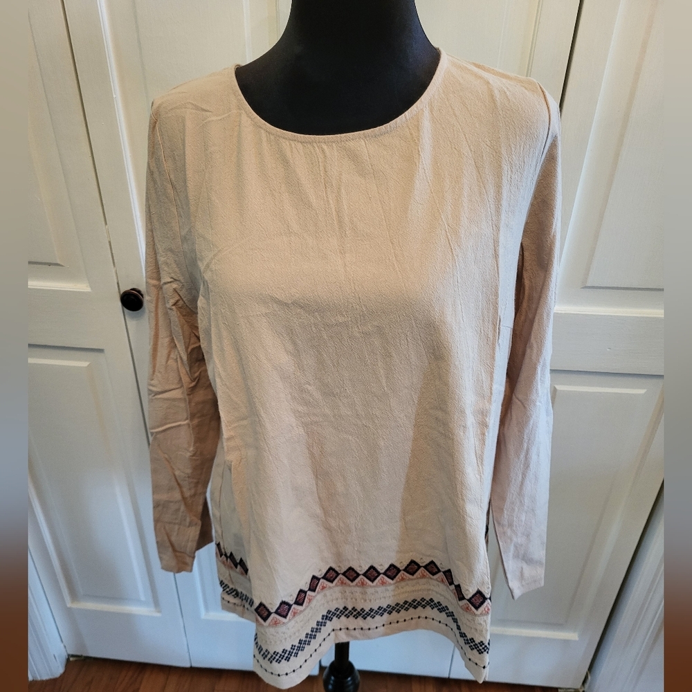 NWOT Neutral Cream Cotton Tunic with Embroidered Border sz L Lagenlook Boho